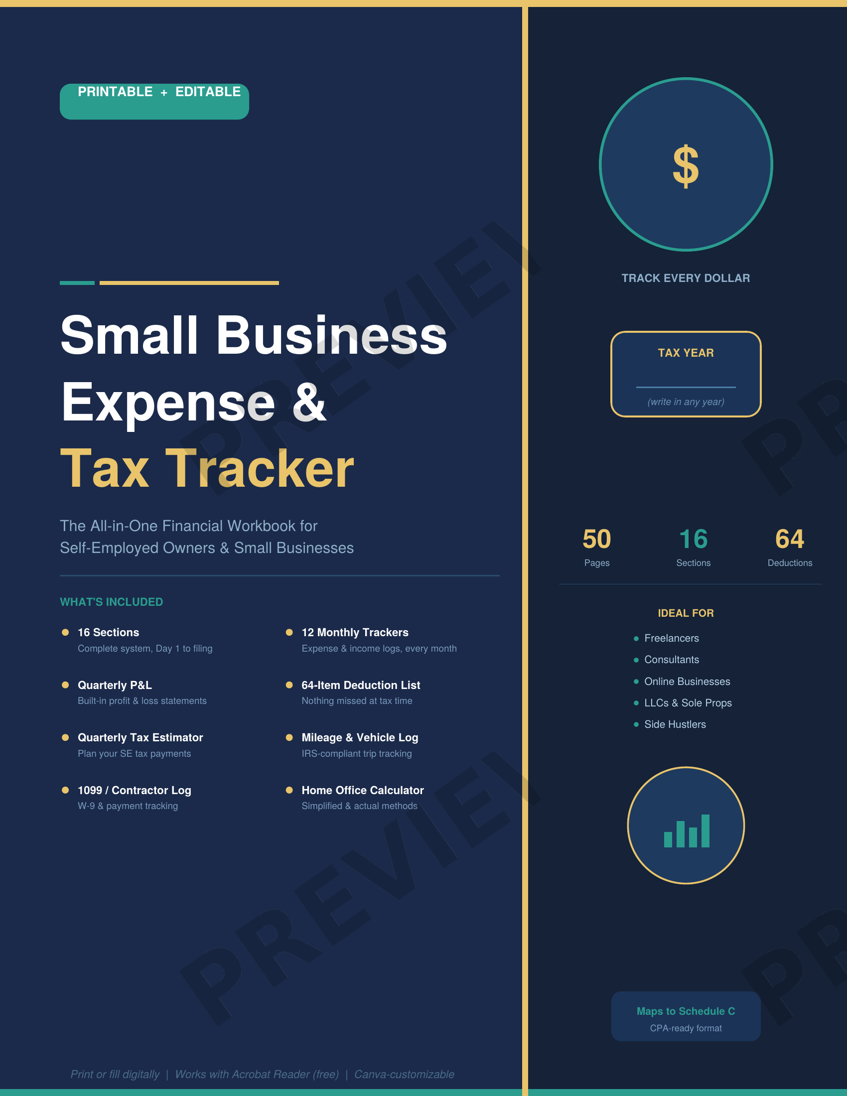 Small Business Expense & Tax Tracker Complete Bundle – PDF workbook, Excel spreadsheet, and Canva guide, instant digital download