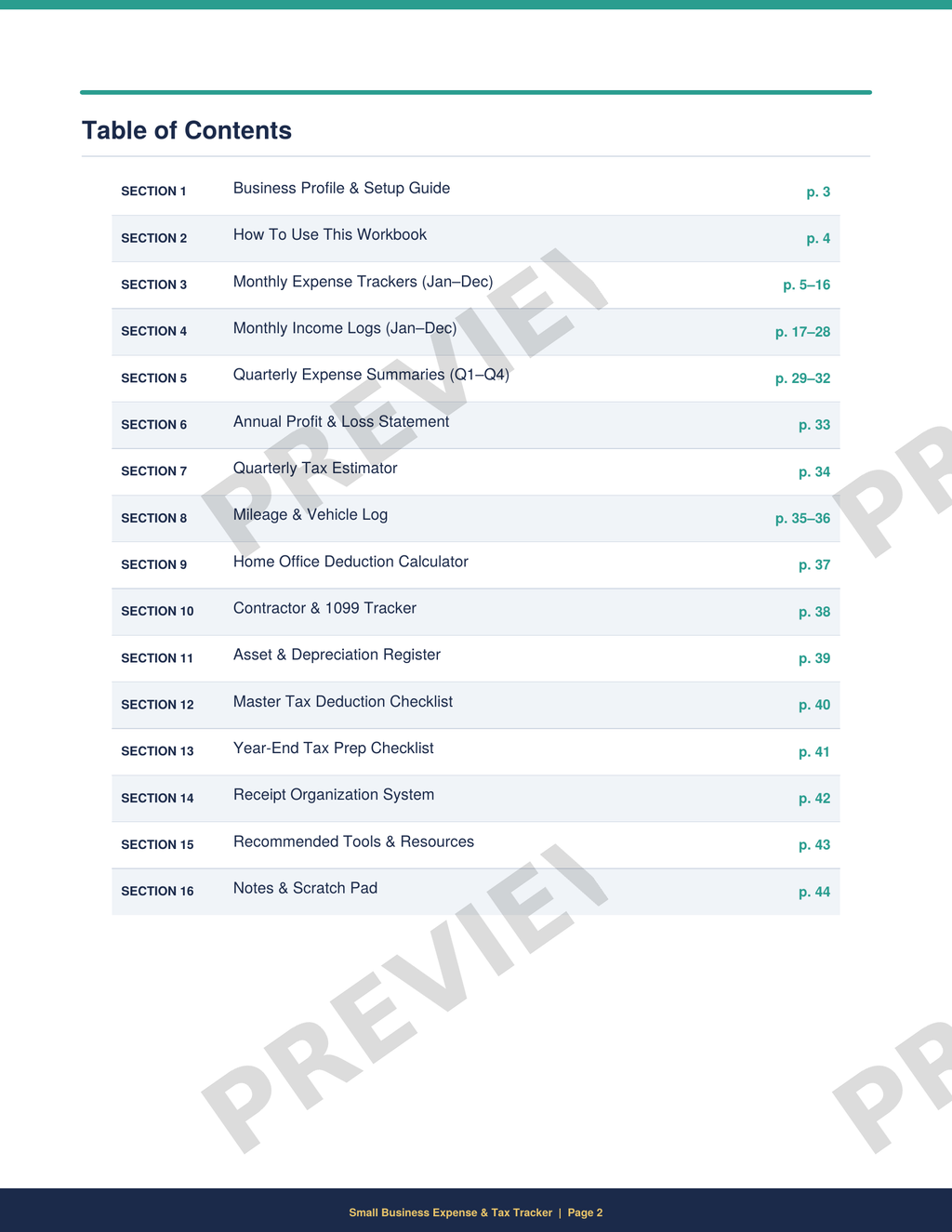 Table of contents for printable small business expense tracker PDF showing monthly tracking sheets, income log, and tax deduction sections