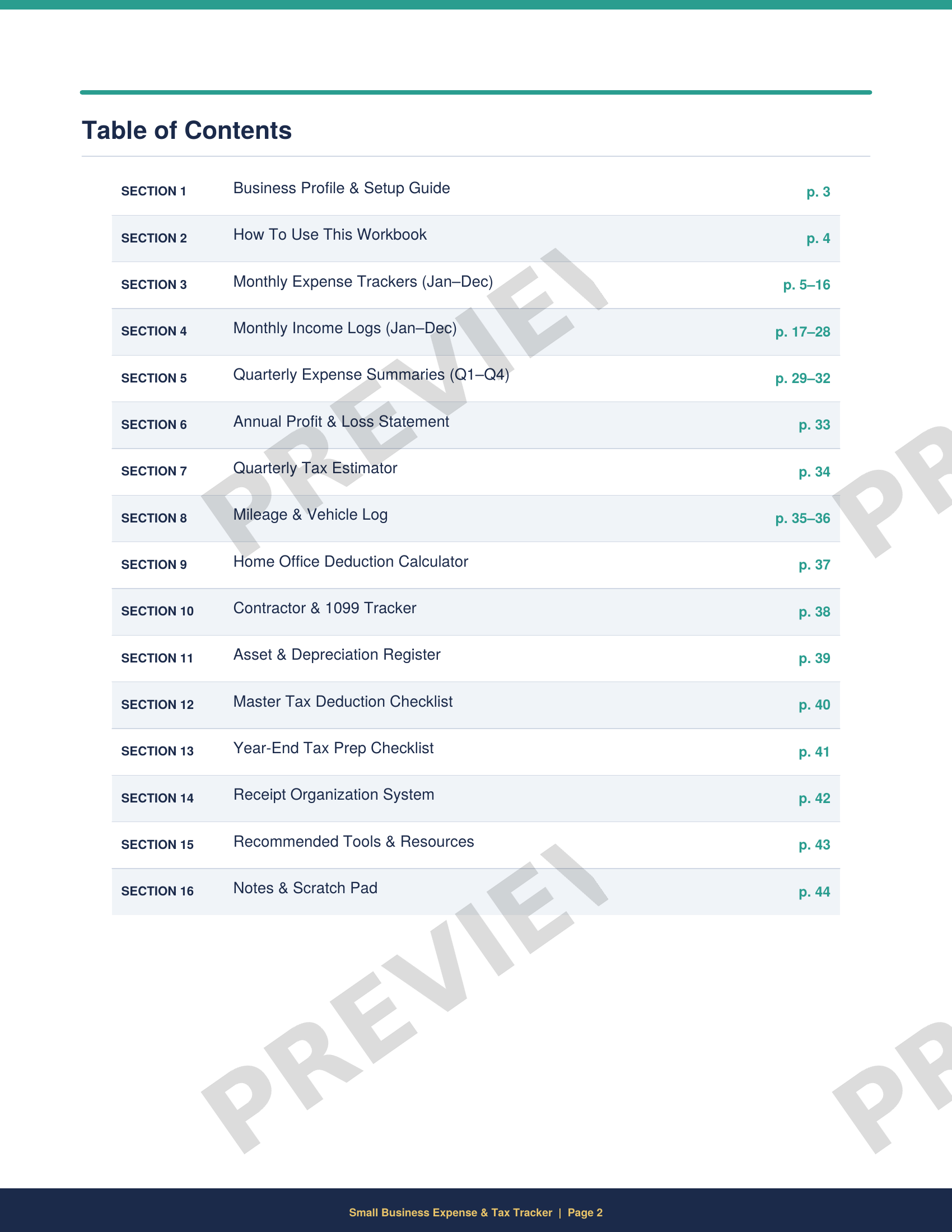 Table of contents for printable small business expense tracker PDF showing monthly tracking sheets, income log, and tax deduction sections