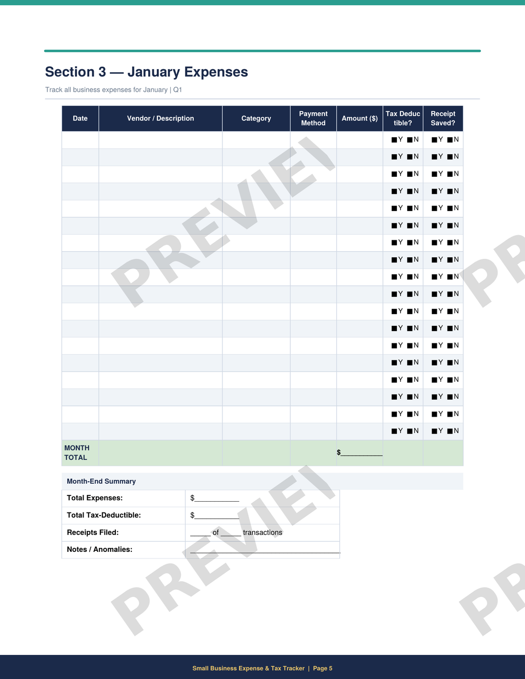 Printable monthly expense tracking sheet with columns for date, description, category, and amount for small business bookkeeping