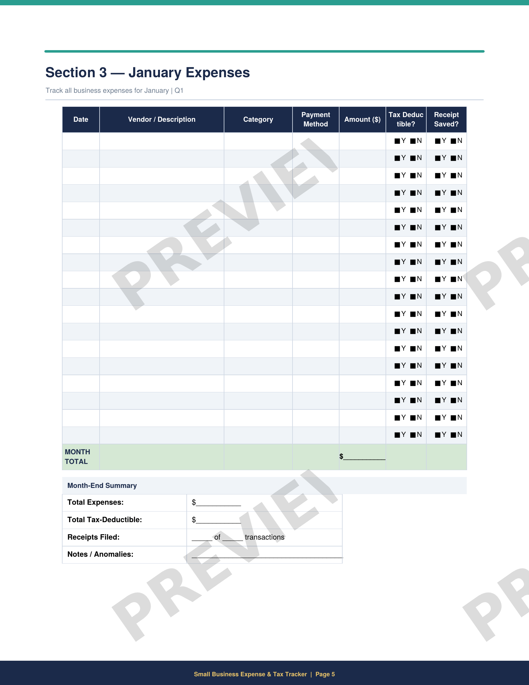 Printable monthly expense tracking sheet with columns for date, description, category, and amount for small business bookkeeping