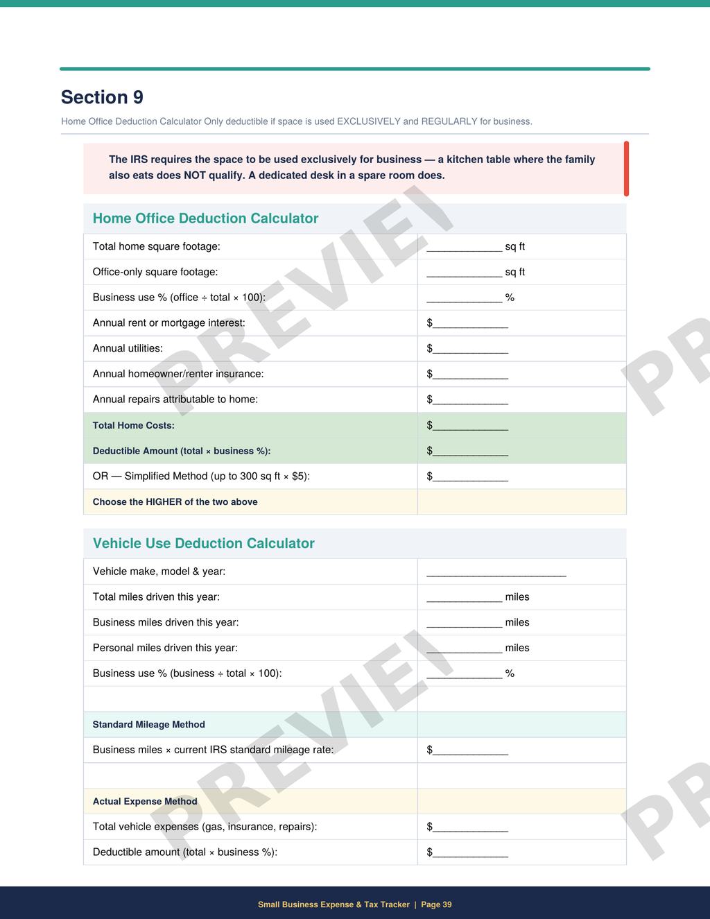 Printable home office deduction calculator for self-employed business owners to calculate workspace tax deductions