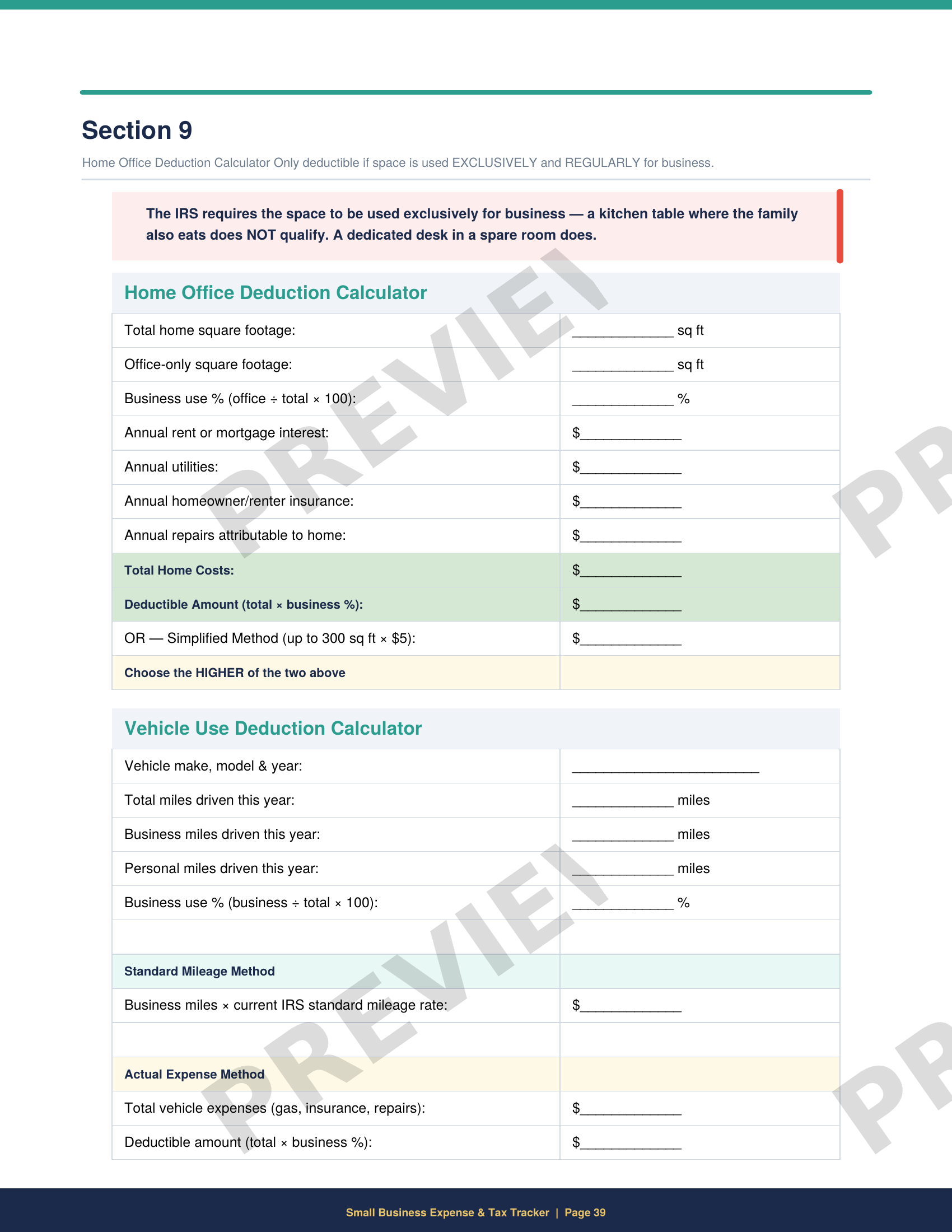 Printable home office deduction calculator for self-employed business owners to calculate workspace tax deductions