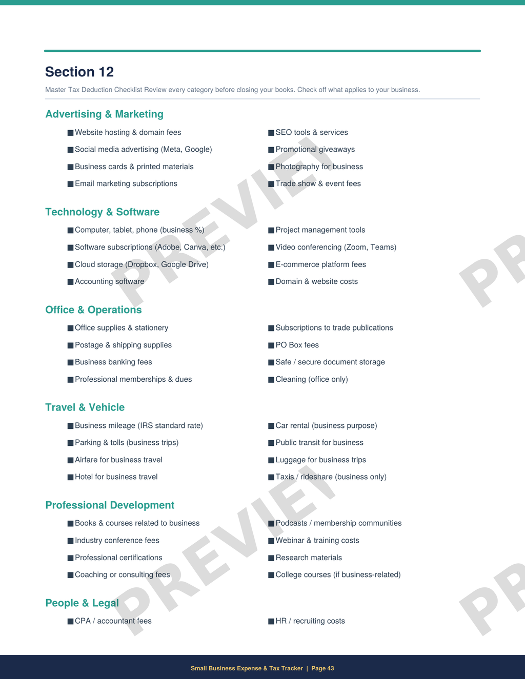 Printable tax deduction checklist for small businesses with categories for advertising, technology, office, and travel expenses
