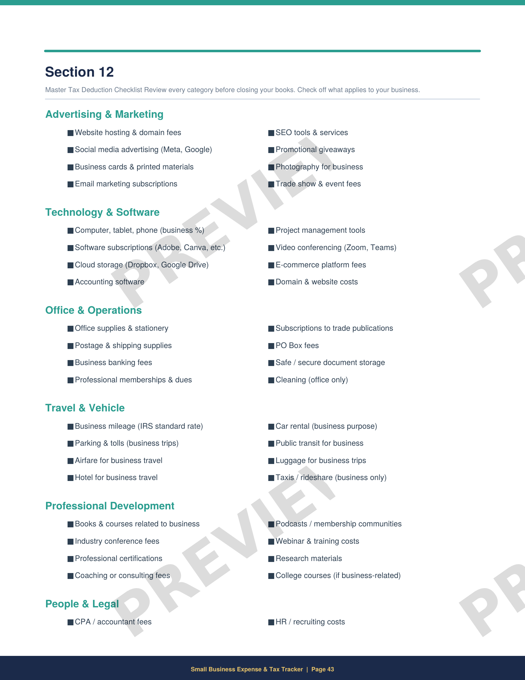 Printable tax deduction checklist for small businesses with categories for advertising, technology, office, and travel expenses
