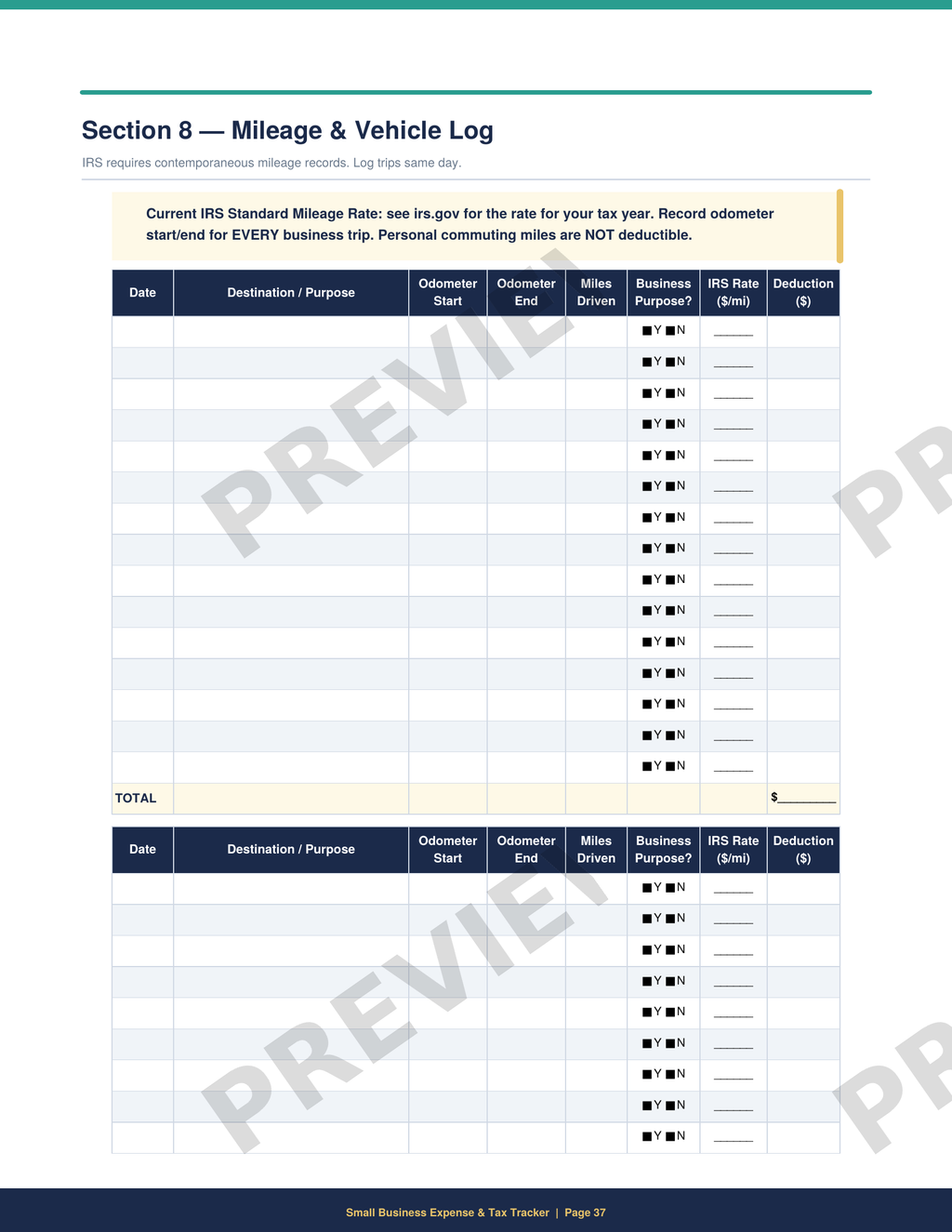 Printable IRS-compliant mileage log for tracking business vehicle trips and calculating mileage tax deductions