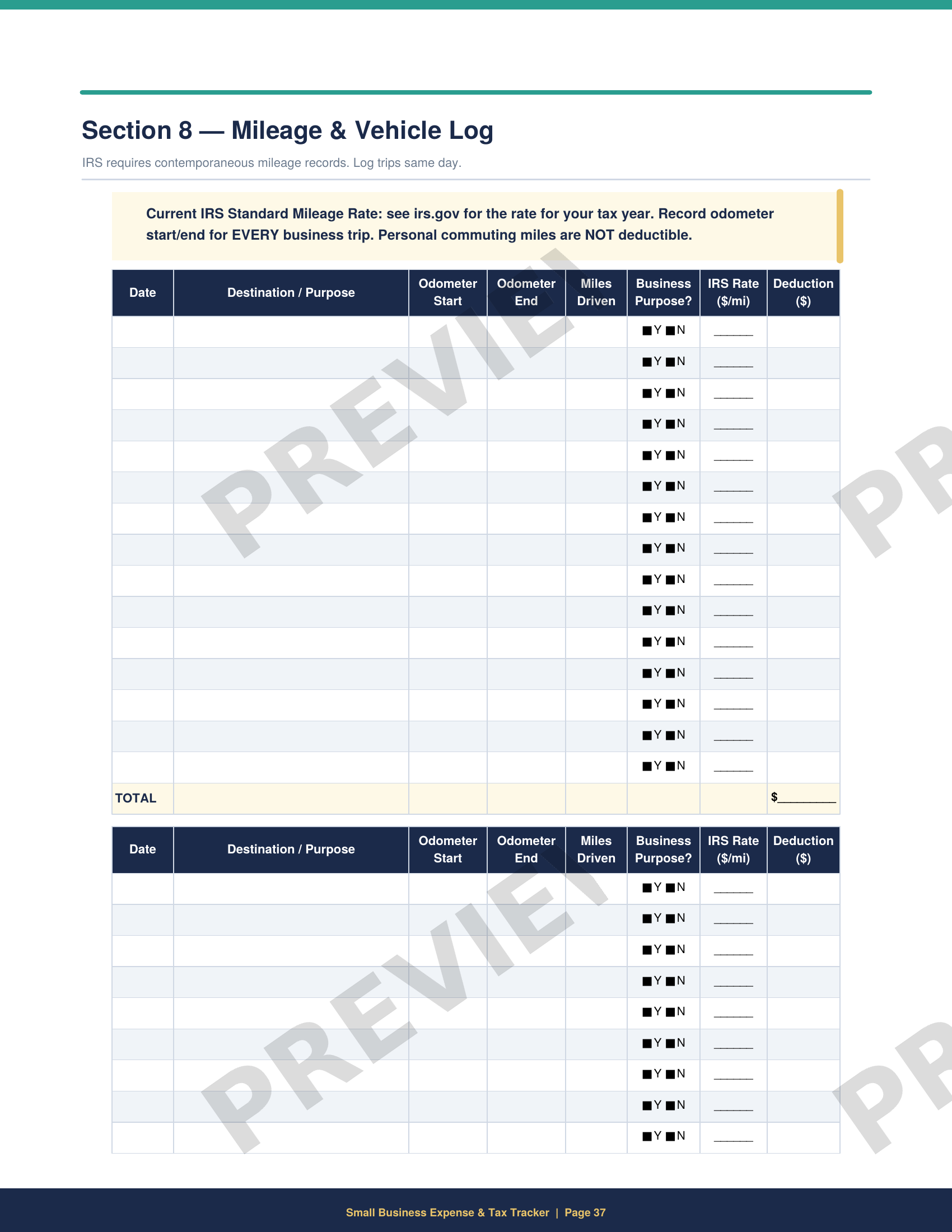 Printable IRS-compliant mileage log for tracking business vehicle trips and calculating mileage tax deductions