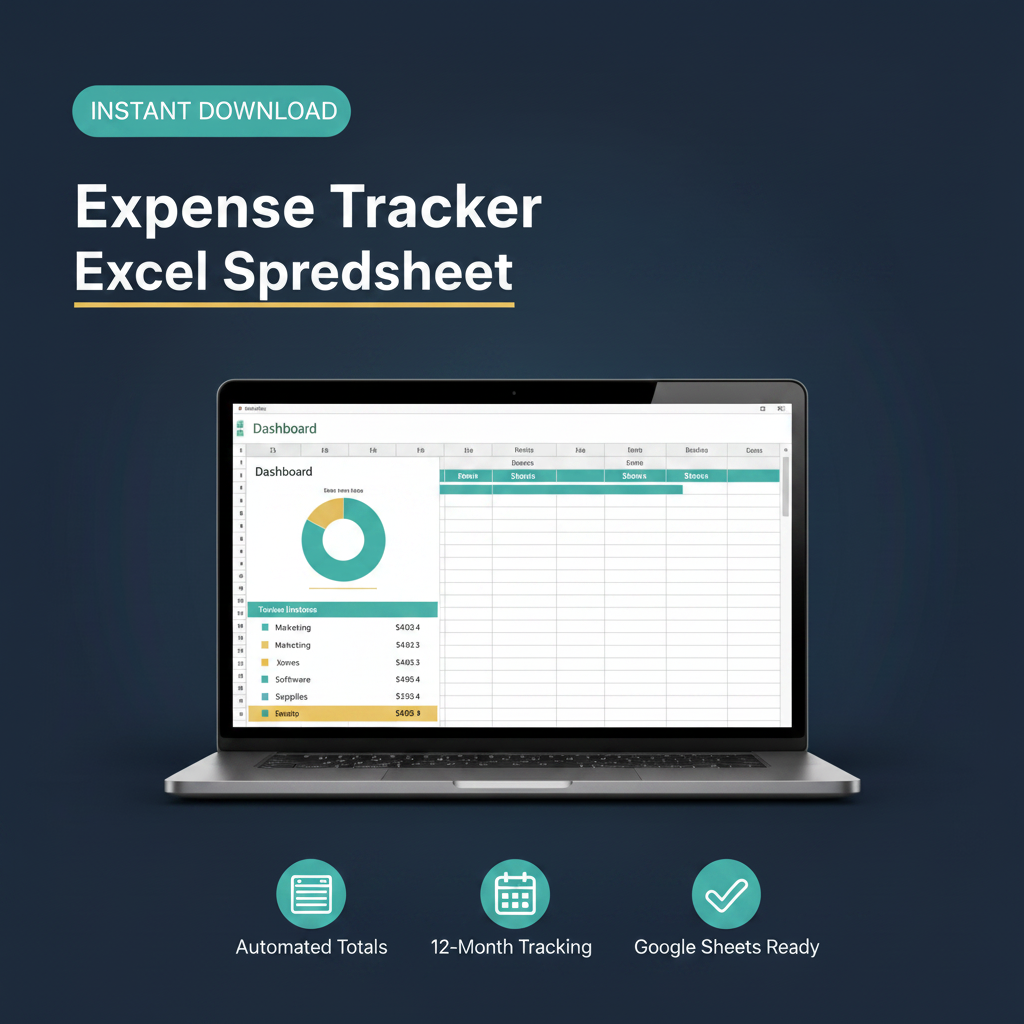 Small Business Expense Tracker Excel spreadsheet cover – automated expense and income tracking with pre-built formulas, instant digital download