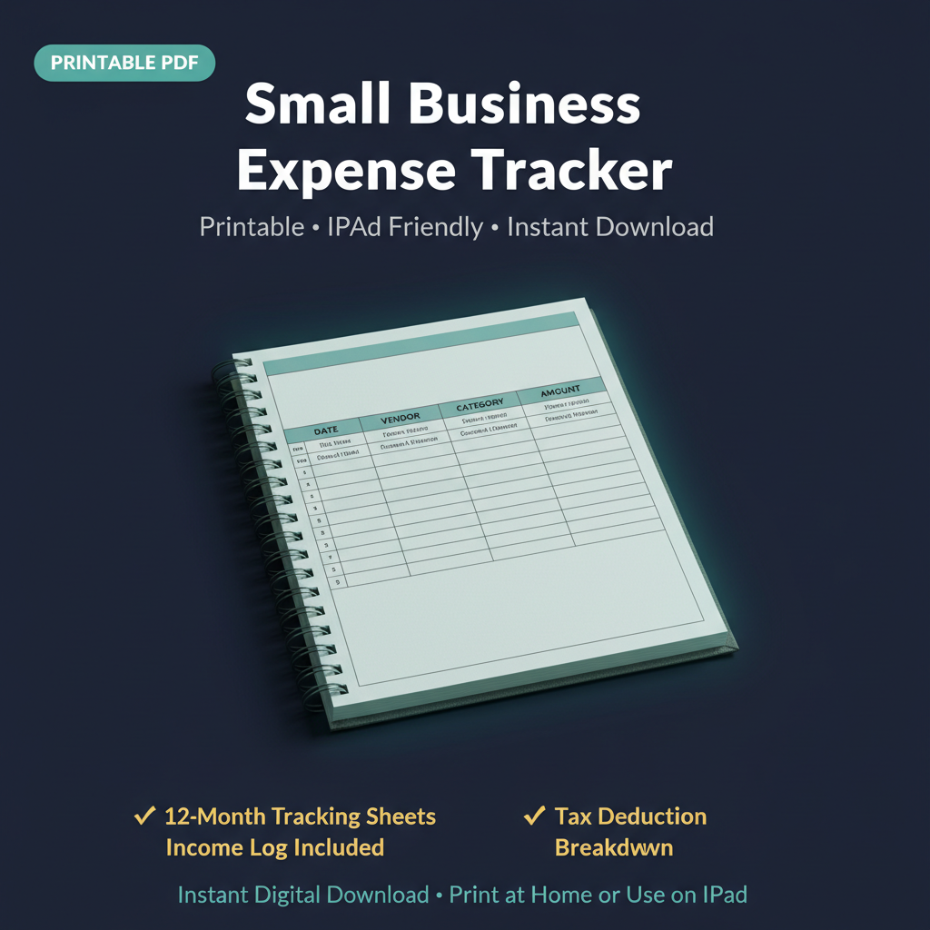Small Business Expense Tracker PDF printable workbook cover – 12-month tracking sheets, income log, and tax deduction breakdown for freelancers, instant digital download