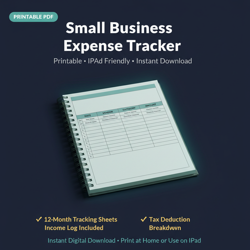 Small Business Expense Tracker PDF printable workbook cover – 12-month tracking sheets, income log, and tax deduction breakdown for freelancers, instant digital download