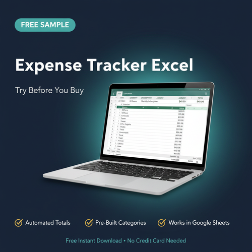 Free sample of Tracora's automated Excel expense tracker – try before you buy, includes one monthly tab with pre-built formulas for small business expense tracking