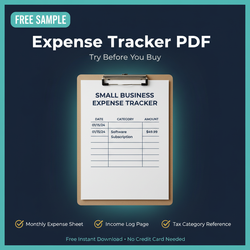 Free sample of Tracora's printable small business expense tracker PDF – try before you buy, includes monthly expense sheet, income log, and tax category reference
