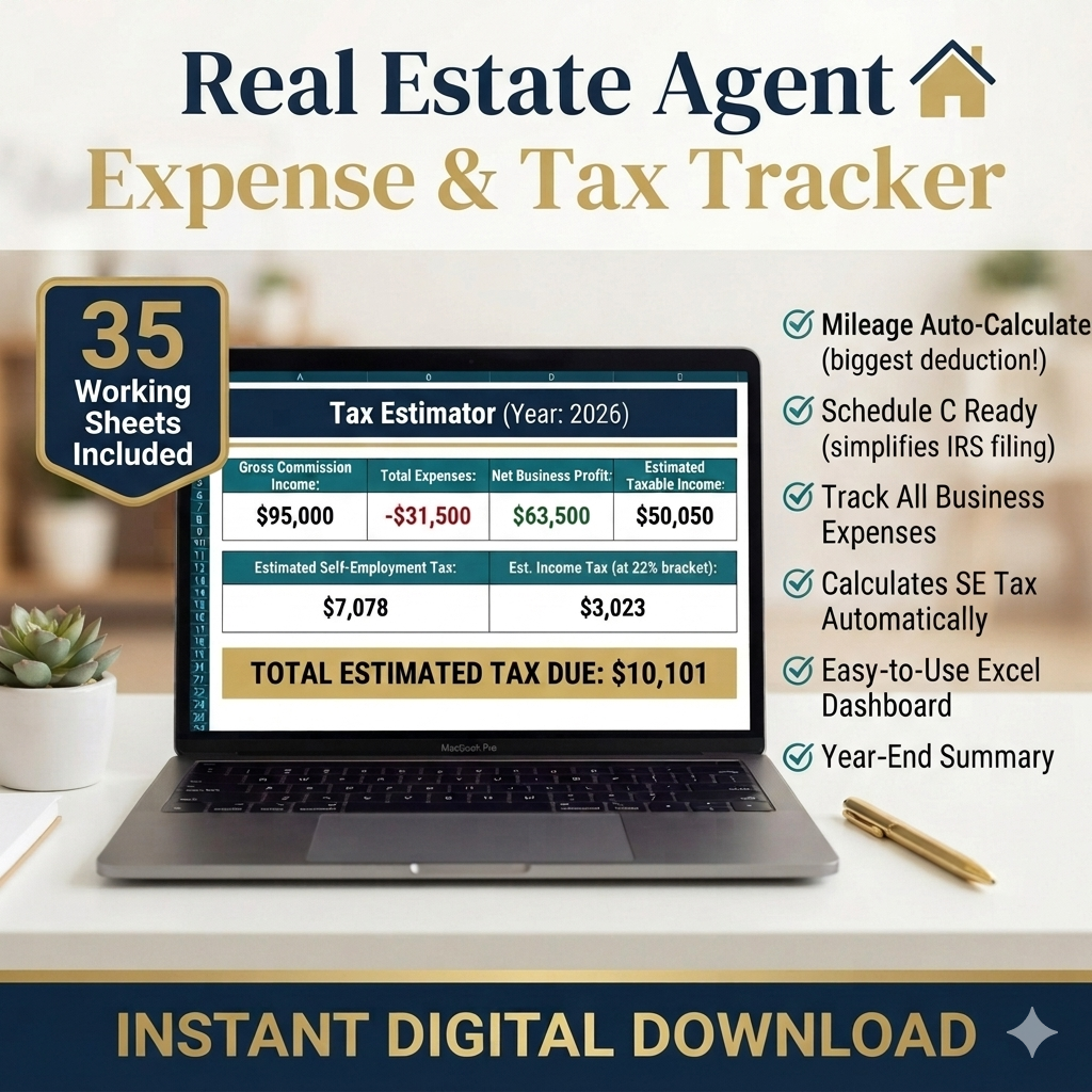 Real Estate Agent Expense & Tax Tracker | Excel & Google Sheets | U.S. Realtor Bookkeeping Spreadsheet | 1099 Income, Mileage & Tax Deduction Tracker
