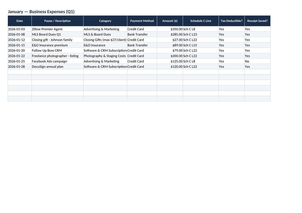Real Estate Agent Expense & Tax Tracker | Excel & Google Sheets | U.S. Realtor Bookkeeping Spreadsheet | 1099 Income, Mileage & Tax Deduction Tracker