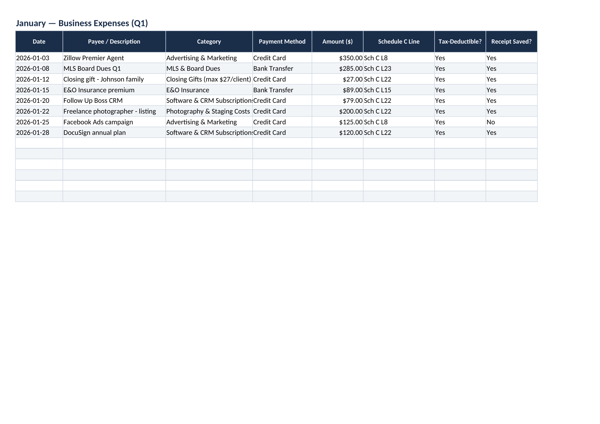 Real Estate Agent Expense & Tax Tracker | Excel & Google Sheets | U.S. Realtor Bookkeeping Spreadsheet | 1099 Income, Mileage & Tax Deduction Tracker