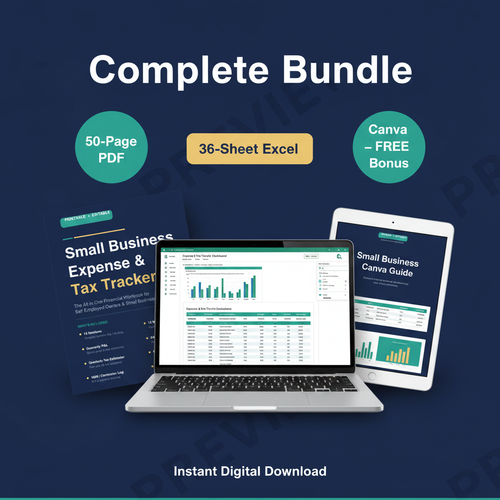Small Business Expense & Tax Tracker Complete Bundle mockup – PDF workbook, Excel spreadsheet, and Canva guide on navy background, instant digital download