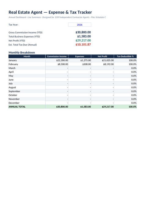 Real Estate Agent Expense & Tax Tracker | Excel & Google Sheets | U.S. Realtor Bookkeeping Spreadsheet | 1099 Income, Mileage & Tax Deduction Tracker